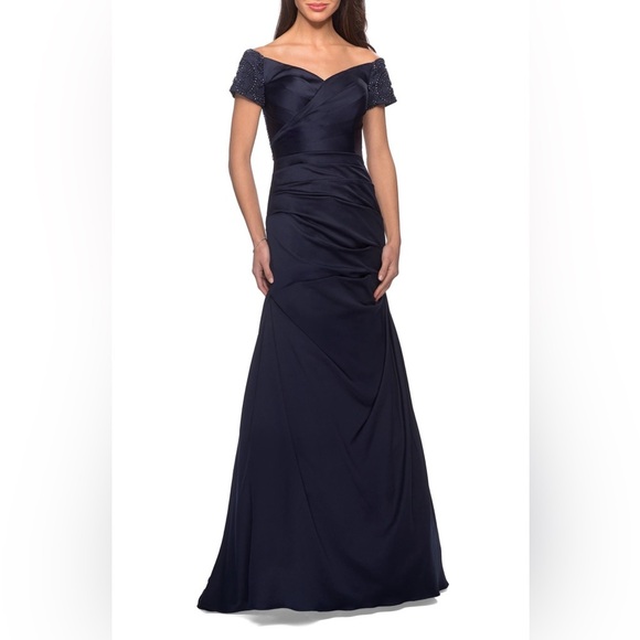 La Femme Off the Shoulder BEADED Satin Trumpet Gown~Navy~10~NWOT! - Picture 1 of 7